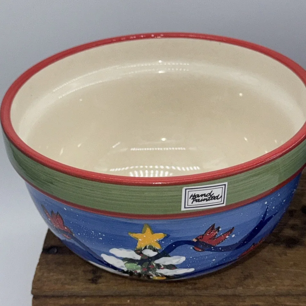 Mixing Serving Bowls Set of 2 Hand Painted‎ Christmas Tree Cardinal Stoneware